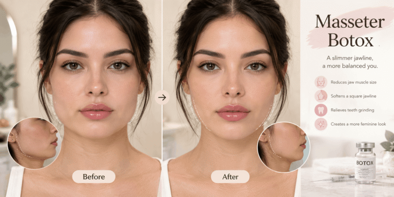 Woman shown in a realistic before-and-after comparison illustrating a softer, more defined jawline after masseter Botox treatment.