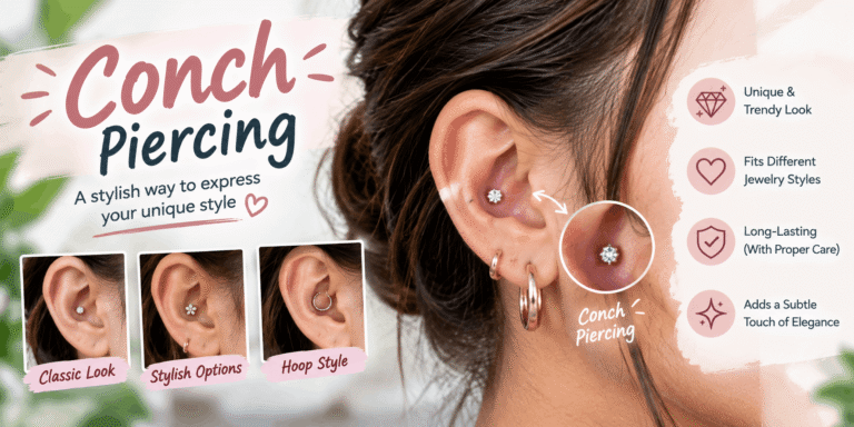 Conch piercing with a sparkling stud and hoop jewelry, showing stylish conch piercing ideas