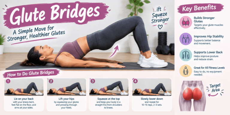 Glute bridges exercise demonstrating proper form for strengthening the glutes and improving hip stability