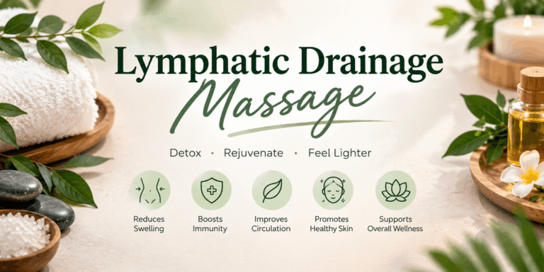 Lymphatic drainage massage spa setup with towels, massage oil, stones, candles, and greenery