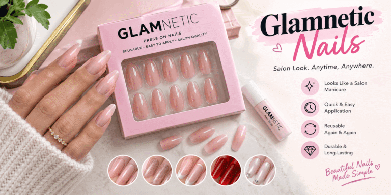 Glamnetic Nails press-on manicure with glossy nude pink almond-shaped nails
