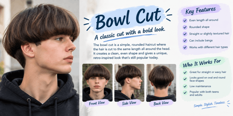 Bowl cut hairstyle with rounded bangs and even-length hair