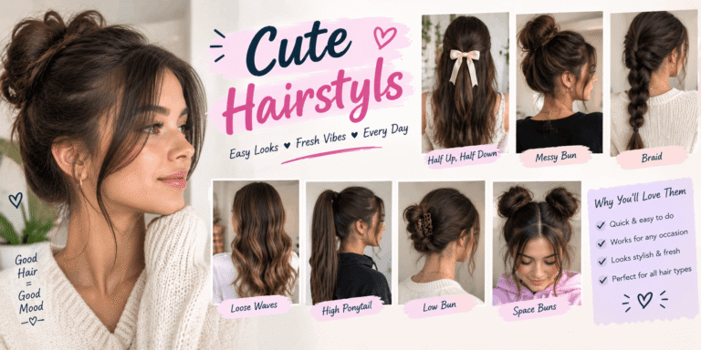 Cute hairstyles including half-up styles, messy buns, braids, waves, ponytails, and space buns