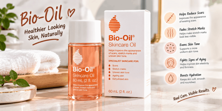 Bio-Oil skincare oil bottle and box with skincare benefits for scars, stretch marks, uneven skin tone, and hydration