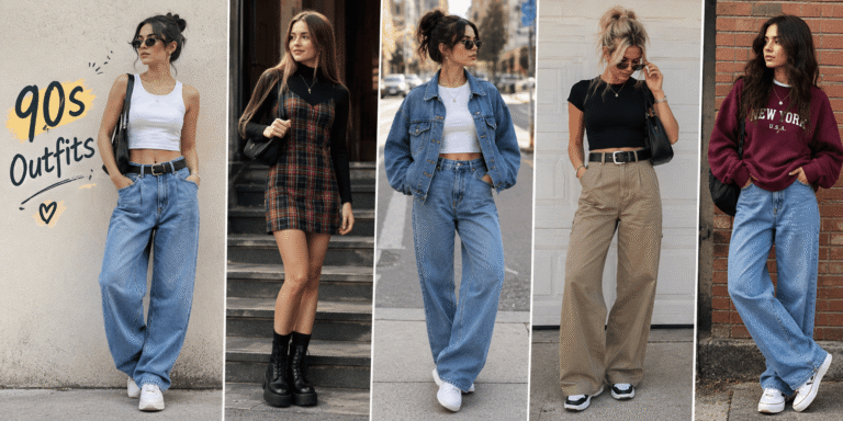 90s outfits featuring baggy jeans, crop tops, plaid dresses, denim jackets, oversized sweatshirts, and sneakers