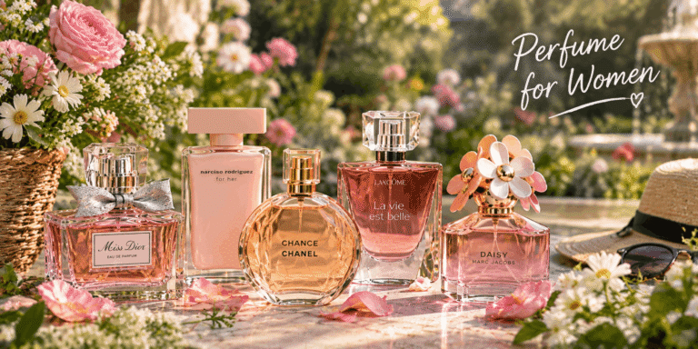 Perfume for women displayed in a beautiful flower garden with roses, daisies, greenery, and elegant perfume bottles