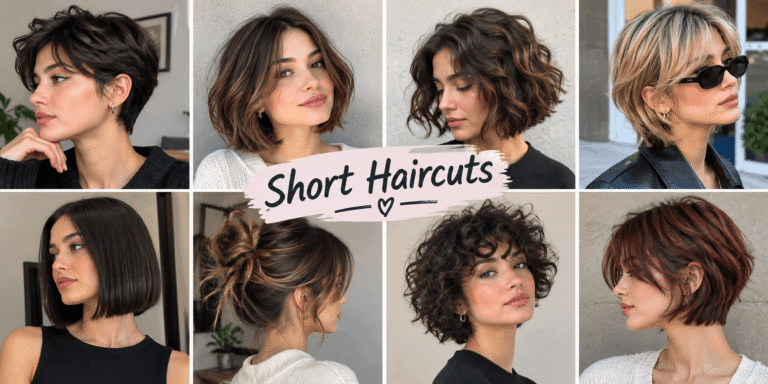 Short haircuts for women featuring pixie cuts, bobs, curly cuts, layered styles, and textured short hairstyles