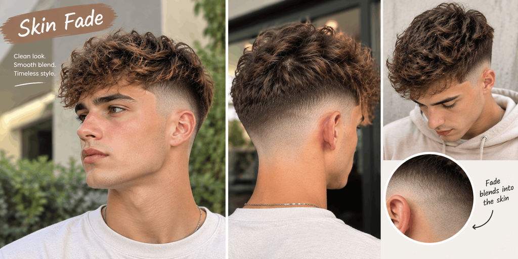 Skin fade haircut with textured brown hair, showing a smooth blend from longer hair into closely shaved sides and neckline