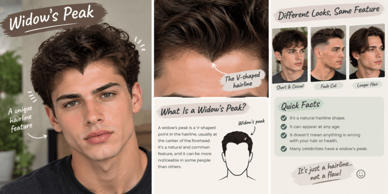 Widow’s peak with a natural V-shaped hairline shown in different hairstyles