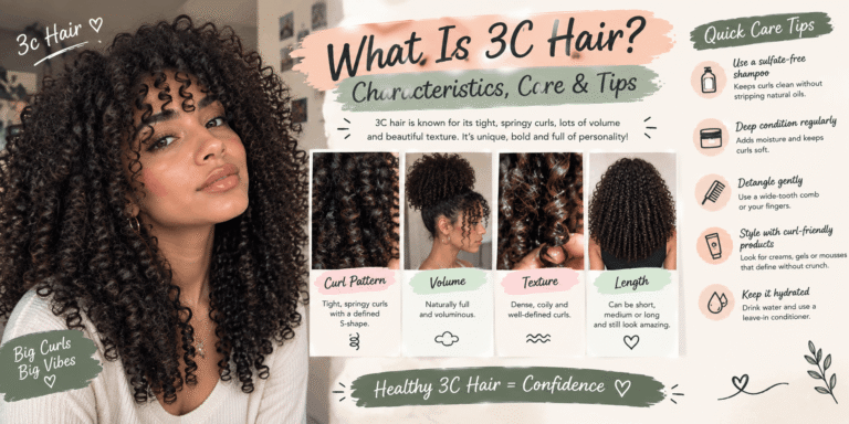 3C hair with tight, springy curls, natural volume, defined texture, and healthy styling