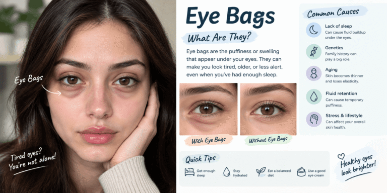 Eye bags showing under-eye puffiness with common causes such as lack of sleep, genetics, aging, fluid retention, and stress