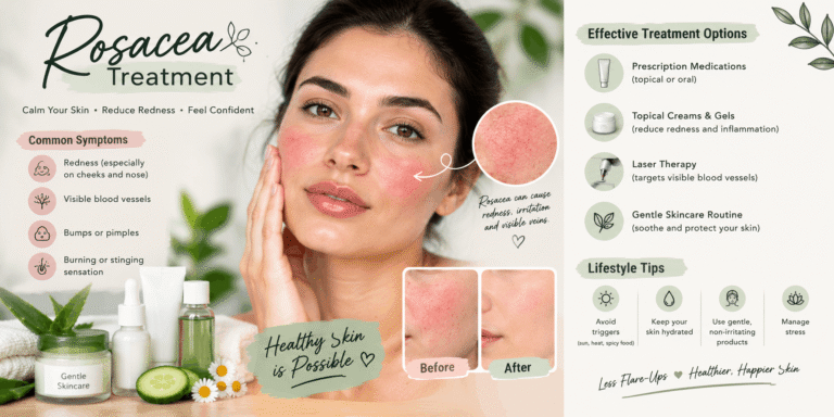 Realistic woman with facial redness alongside skincare products and rosacea treatment options