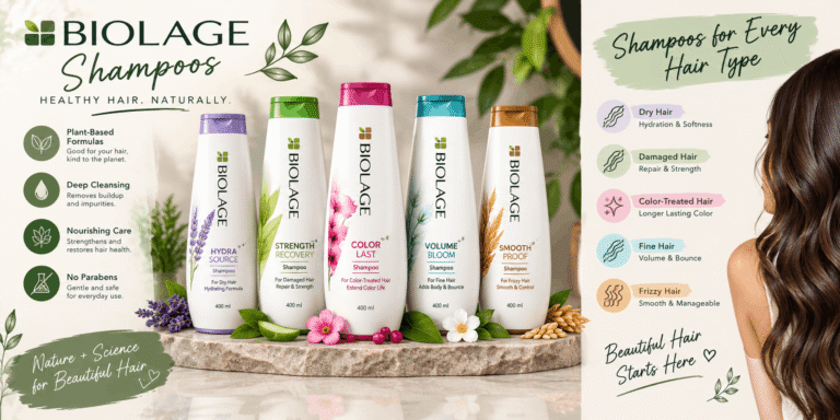 Biolage shampoo bottles displayed with botanical ingredients and hair care options