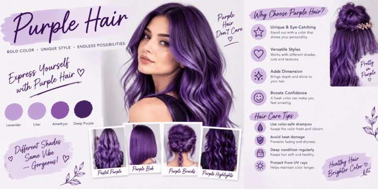 Woman with glossy purple hair surrounded by different purple hair shades and hairstyle ideas