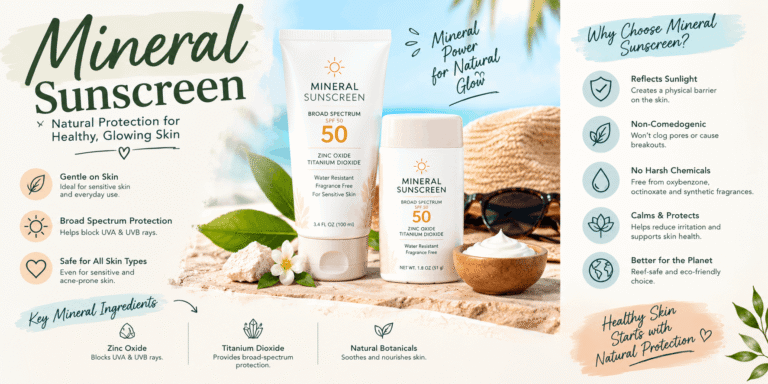 Mineral sunscreen products displayed with zinc oxide, titanium dioxide, and natural skincare ingredients