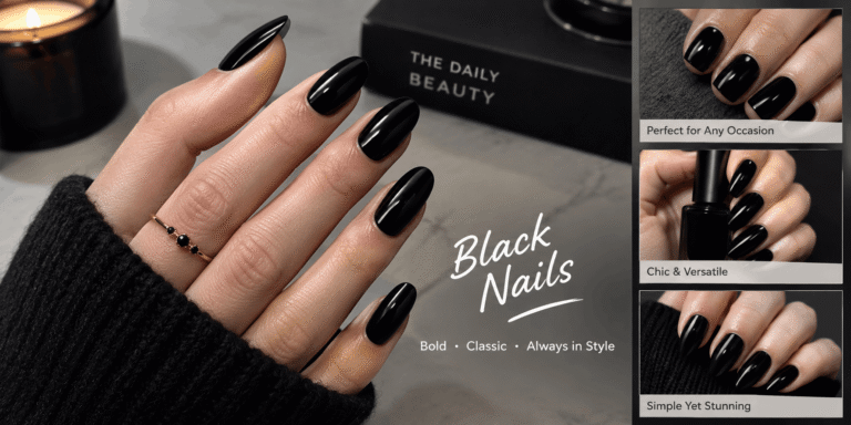 Black nails with glossy almond-shaped polish in a stylish close-up beauty setting