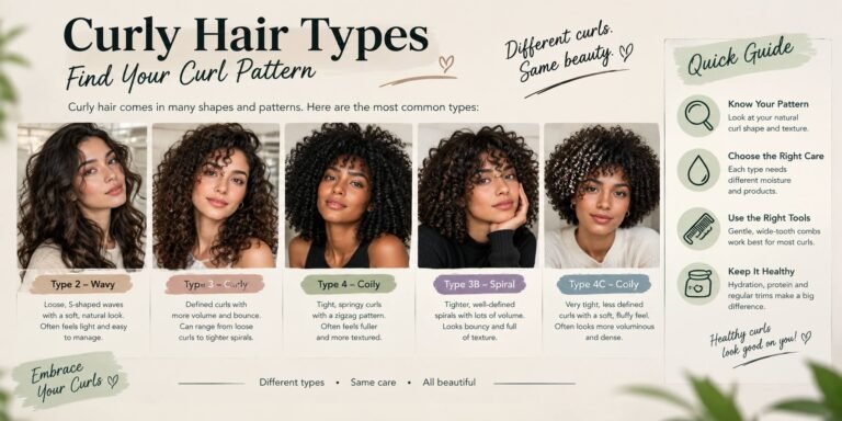 Realistic curly hair types showing wavy, curly, spiral, and coily curl patterns