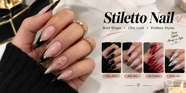 Realistic stiletto nails with glossy black, nude, gold, red, and marble designs