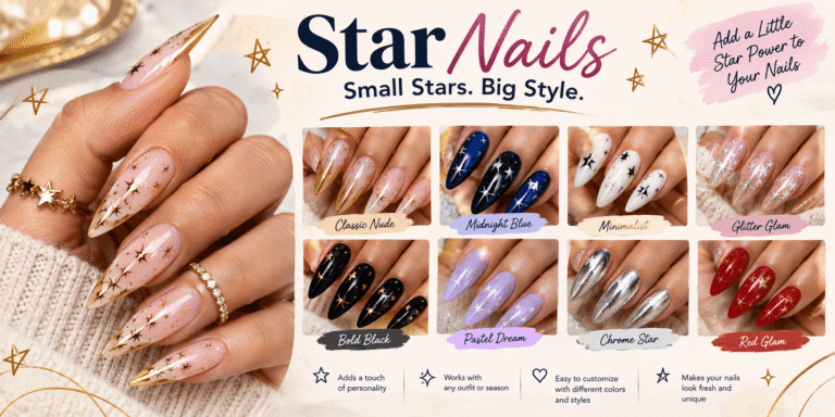Realistic star nail designs with gold stars, chrome, glitter, nude, black, blue, red, and pastel finishes