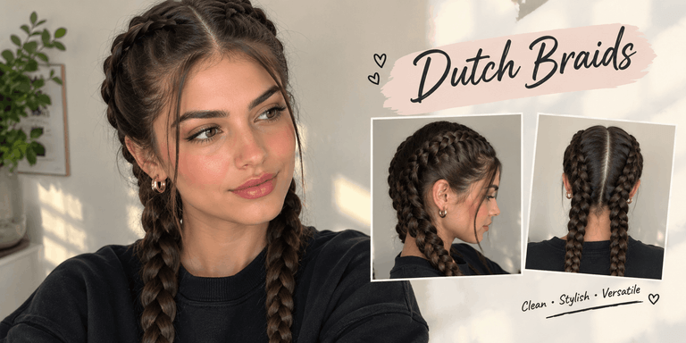 Dutch braids hairstyle with two neat, scalp-hugging braids and loose face-framing strands