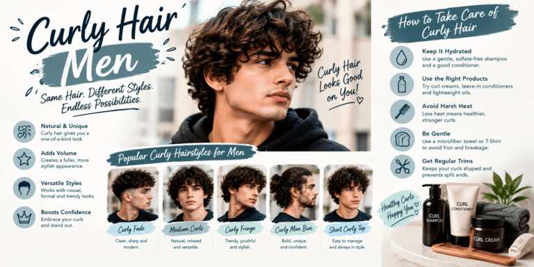 Man with natural curly hair alongside different curly hairstyles and haircare products