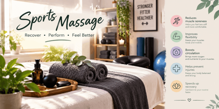 Realistic sports massage spa setup with a massage table, rolled towels, massage oil, therapy balls, smooth stones, candles, and greenery in a calming wellness room.