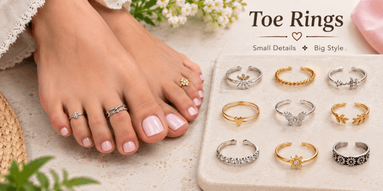 Realistic close-up of polished toes wearing delicate silver and gold toe rings, with a selection of floral, butterfly, heart, and gemstone toe-ring designs displayed beside them.