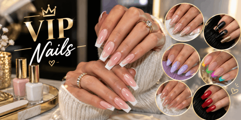 Luxury VIP nail designs featuring glossy French tips, black and gold nails, lavender hearts, colorful French tips, and red nails.