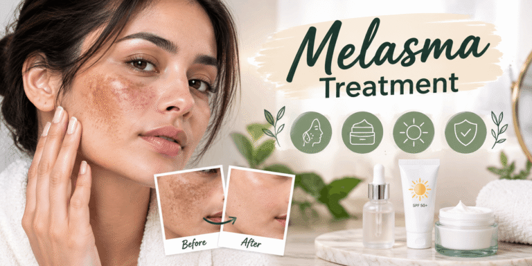 Melasma treatment skincare guide featuring facial pigmentation, skincare products, and sun protection