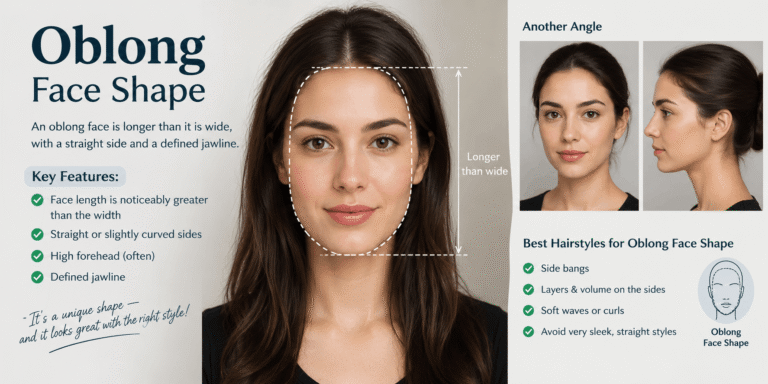 Oblong face shape with longer facial proportions, straight sides, and a defined jawline