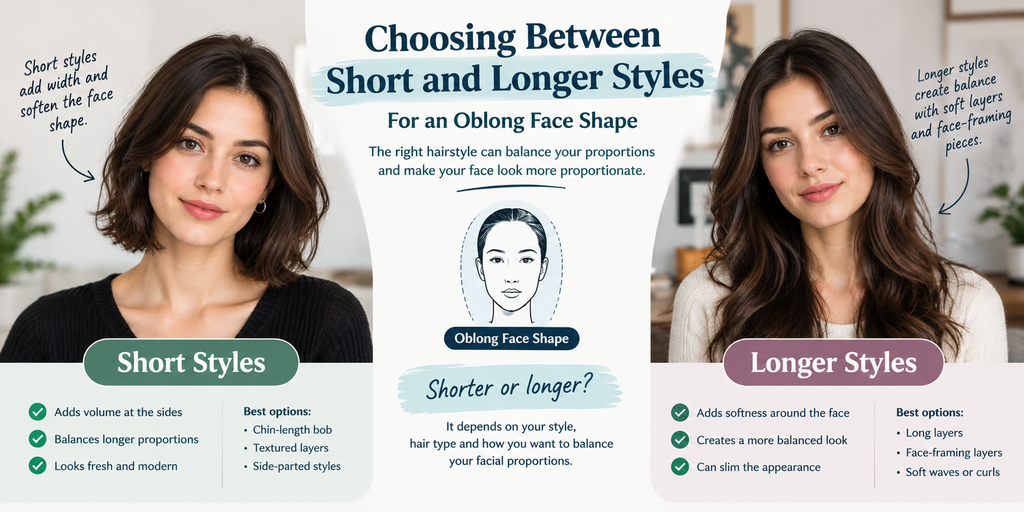 Choosing between short and longer hairstyles for an oblong face shape