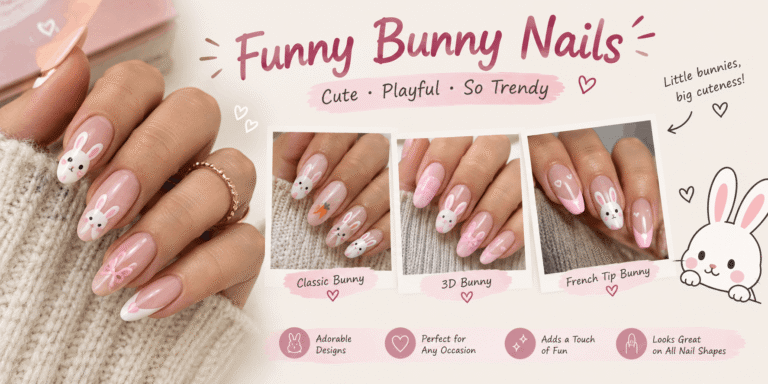 Realistic funny bunny nail designs featuring pink manicures, bunny faces, 3D bunny details, carrot accents, and French tips.