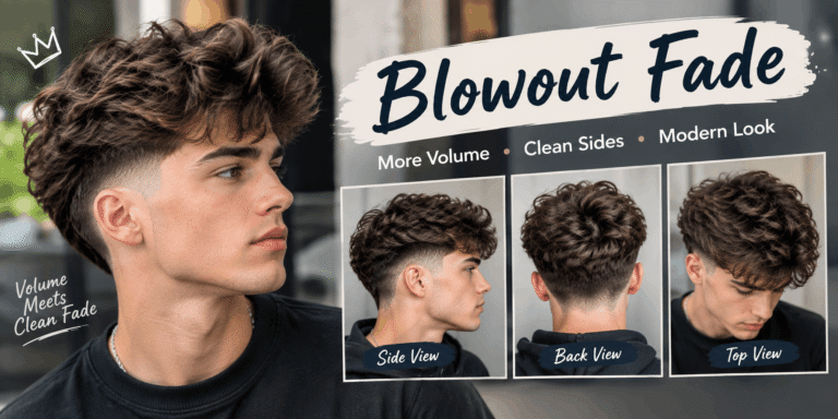 Blowout fade haircut with voluminous textured brown hair and clean faded sides