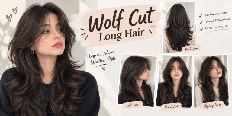 Long wolf cut hairstyle for women featuring layered, voluminous hair, face-framing layers, soft waves, and textured ends.