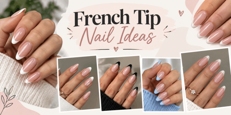 French tip nail ideas featuring elegant almond-shaped nails with classic white, black, pastel blue, floral, and glitter French tip designs.