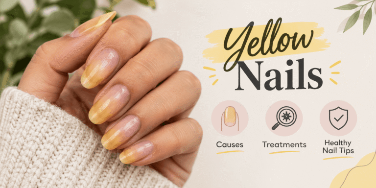 Close-up of yellow nails with a beauty infographic showing common causes, treatment options, and healthy nail care tips.