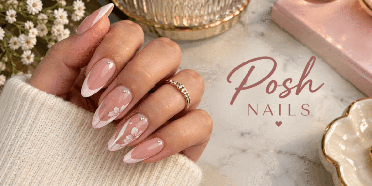 Posh nails with glossy nude-pink polish, French tips, delicate floral details, gold accents, and rhinestones