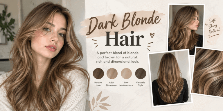 Woman with long, wavy dark blonde hair shown from front, side, and back views with a close-up of the dimensional blonde-brown hair color.