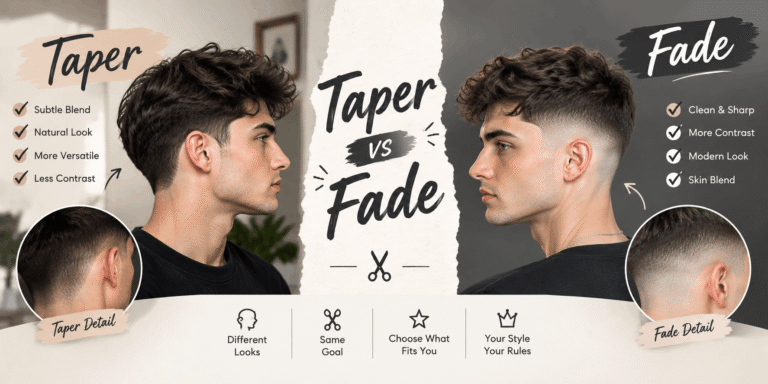 Side-by-side comparison of a taper haircut and fade haircut, showing the different blending styles, contrast, and overall finish.