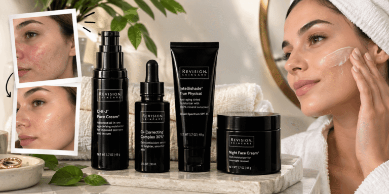 Revision Skincare products displayed on a bathroom vanity beside a woman applying skincare cream, with close-up skin images showing a before-and-after style comparison.