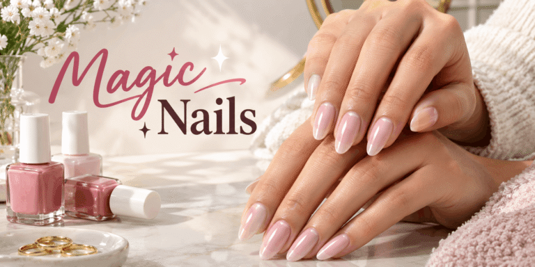 Elegant glossy pink almond-shaped nails displayed with pink nail polish bottles, flowers, gold rings, and a soft feminine beauty setting.