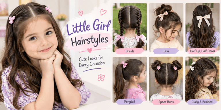 Cute little girl hairstyles including braids, buns, ponytails, half-up styles, space buns, and curly braided hairstyles.
