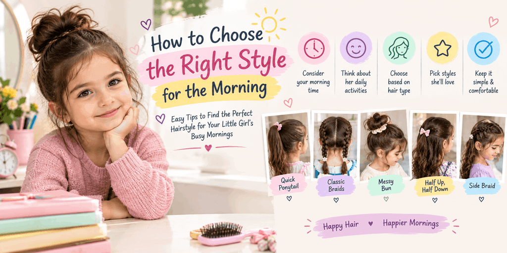 Guide showing easy morning hairstyles for little girls, including ponytails, braids, messy buns, half-up styles, and side braids.