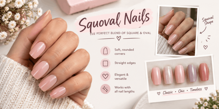 Glossy squoval nails featuring straight edges with softly rounded corners, shown in elegant nude-pink shades and different manicure styles.