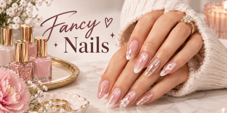 Elegant fancy nail design featuring glossy pink almond-shaped nails with floral details, glitter accents, gold lines, and delicate jewelry.