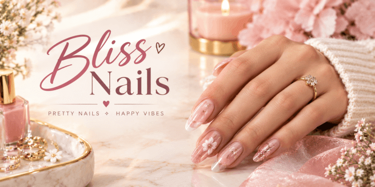 Elegant bliss nails featuring glossy pink almond-shaped nails with French tips, floral details, gold accents, and subtle glitter.