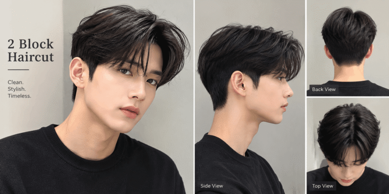 Realistic 2 block haircut shown from front, side, back, and top angles, featuring a longer textured top with neatly trimmed sides.