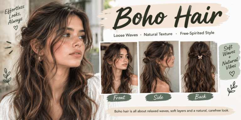 Boho hair for women featuring long, loose brunette waves, soft layers, and a relaxed half-up hairstyle.