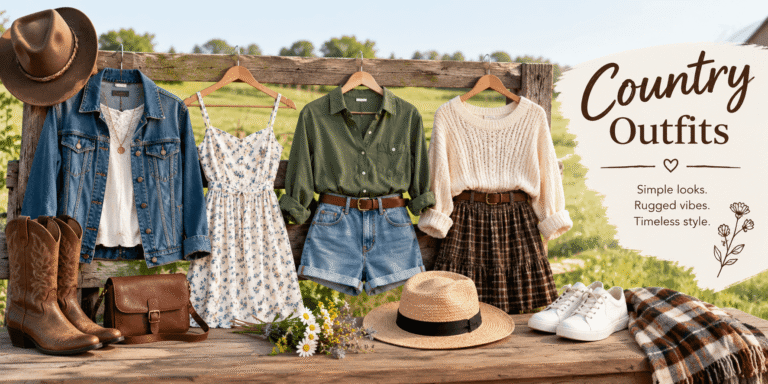 Realistic country outfit collection featuring a denim jacket, floral dress, green shirt, shorts, knit sweater, cowboy boots, hats, and rustic accessories arranged in a countryside setting.