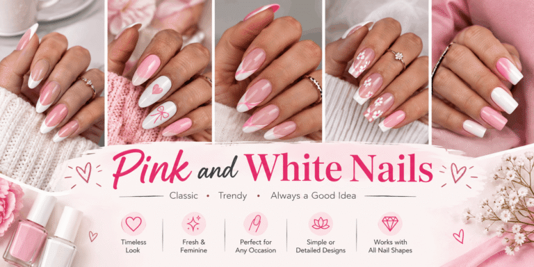 Realistic close-up of pink and white nail designs featuring French tips, floral details, heart accents, and glossy finishes.